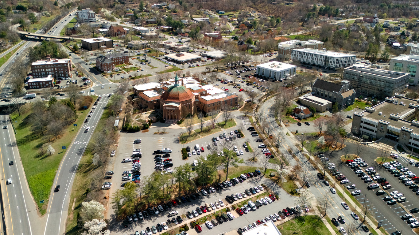 Drone view of Asheville campus district with roads