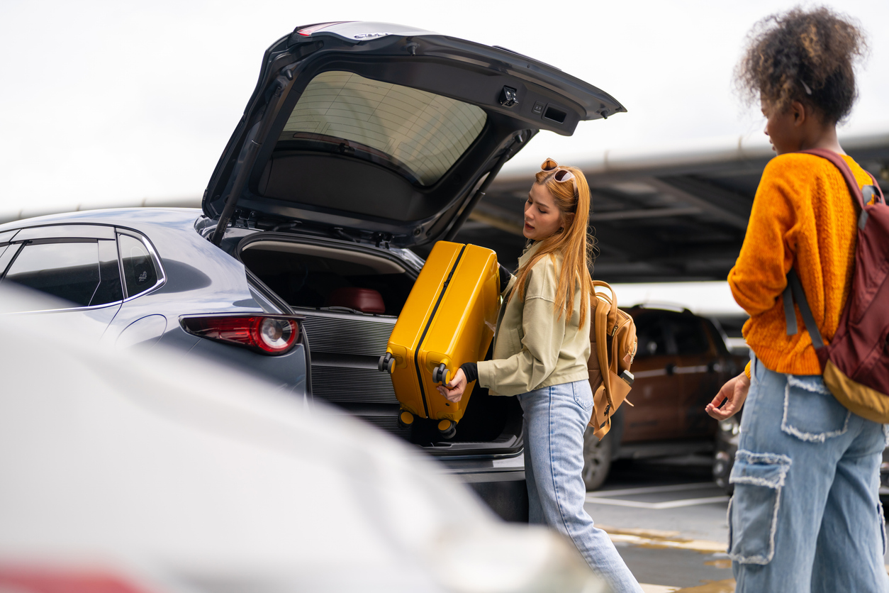 Happy woman passenger with passport travel by air transportation.