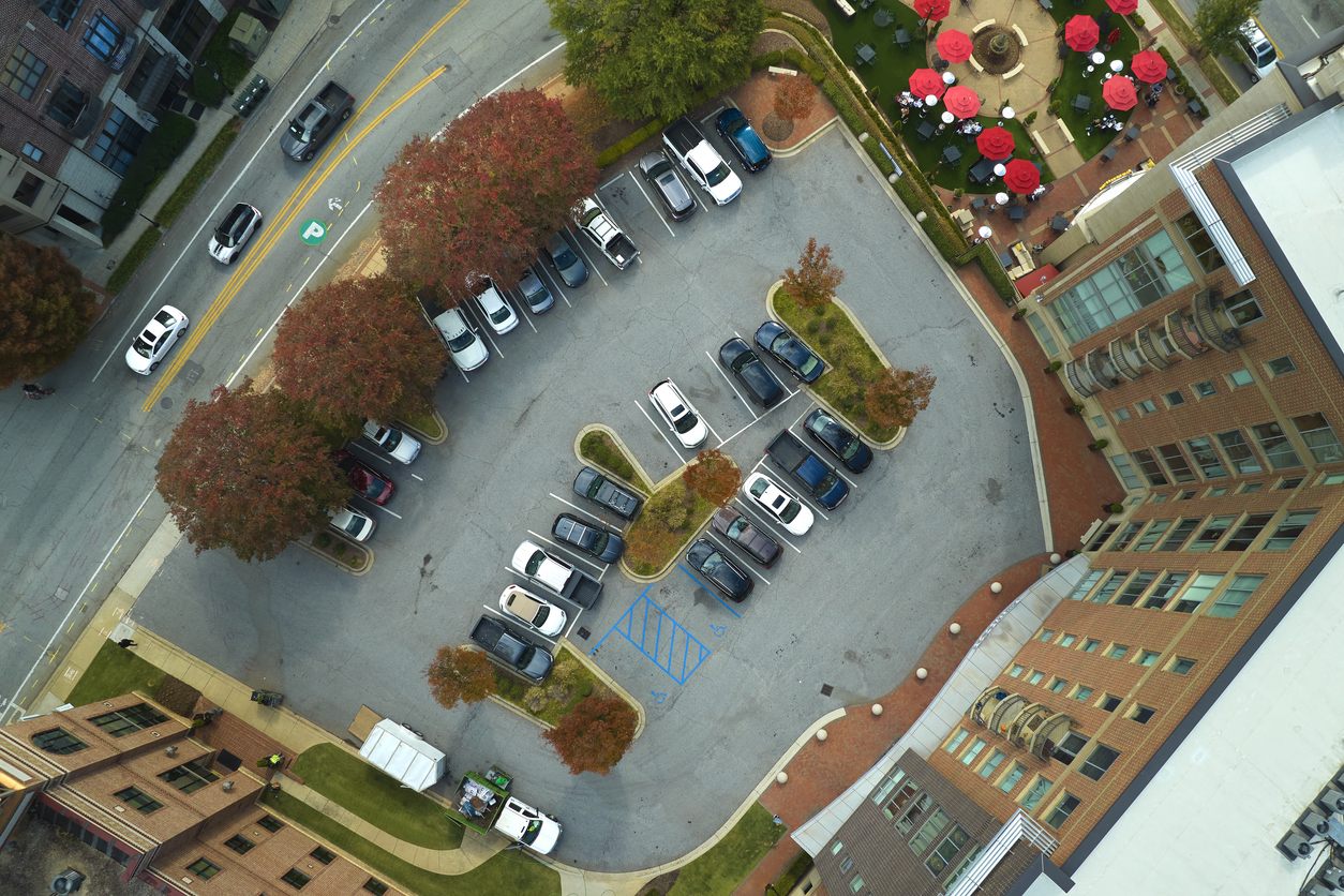 Aerial view of many colorful cars
